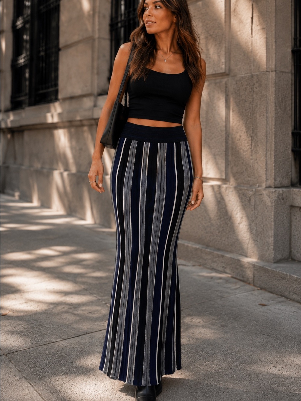 BB Dakota Striped Knit Maxi Skirt Size Large Navy Black Gray White
